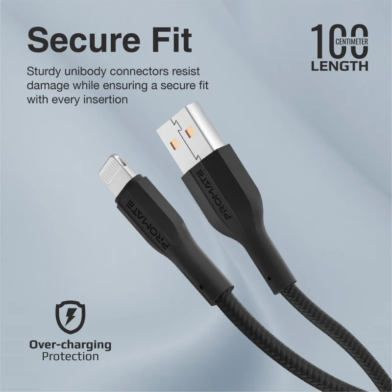 PROMATE XCord-Ai High Tensile Strength Data & Charge Cable - 1 Meter / 480Mbps / USB-A / Lightning / Black