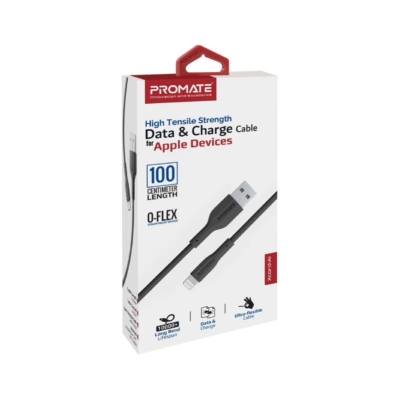 PROMATE XCord-Ai High Tensile Strength Data & Charge Cable - 1 Meter / 480Mbps / USB-A / Lightning / Black