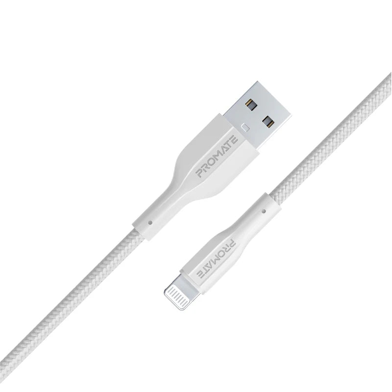PROMATE XCord-Ai High Tensile Strength Data & Charge Cable - 1 Meter / 480Mbps / USB-A / Lightning / White