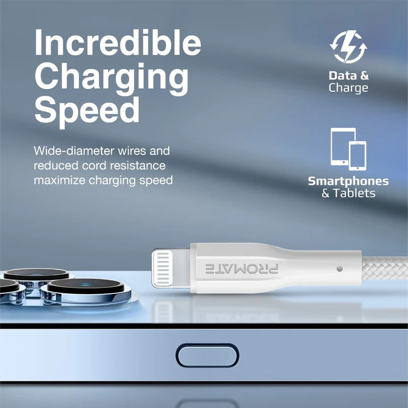 PROMATE XCord-Ai High Tensile Strength Data & Charge Cable - 1 Meter / 480Mbps / USB-A / Lightning / White