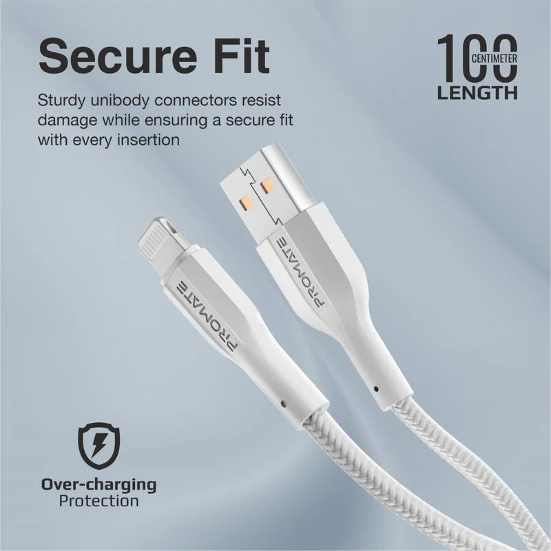 PROMATE XCord-Ai High Tensile Strength Data & Charge Cable - 1 Meter / 480Mbps / USB-A / Lightning / White