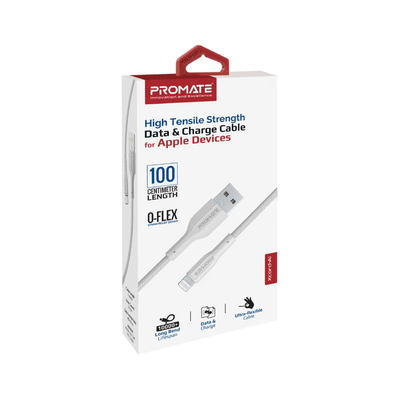 PROMATE XCord-Ai High Tensile Strength Data & Charge Cable - 1 Meter / 480Mbps / USB-A / Lightning / White