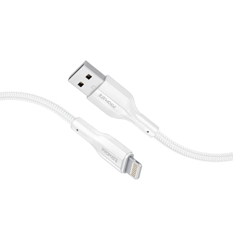 PROMATE XCord-Ai200 High Tensile Strength Data & Charge Cable - 2 Meter / 480Mbps / USB-A / Lightning / White
