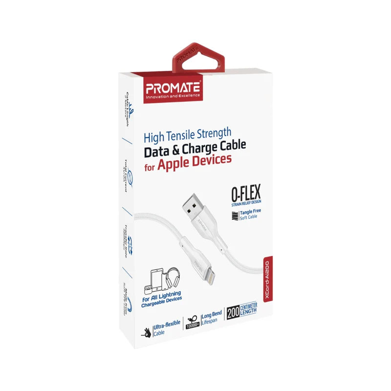 PROMATE XCord-Ai200 High Tensile Strength Data & Charge Cable - 2 Meter / 480Mbps / USB-A / Lightning / White