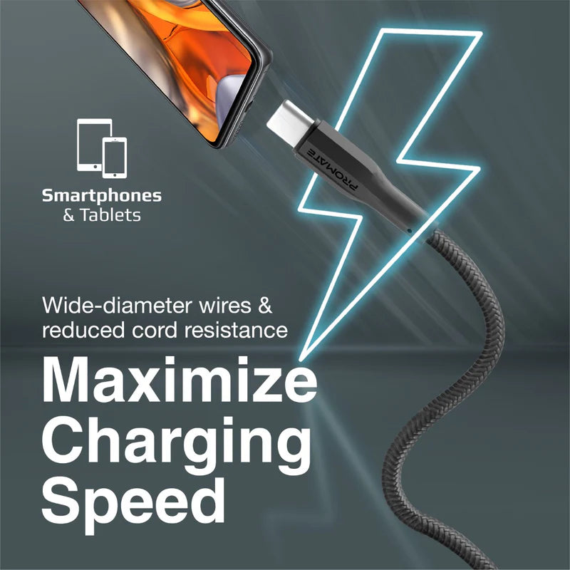 PROMATE XCord-AC Super Flexible Data and Charge Cable - 1 Meter / 480Mbps / USB-A / USB-C / Black