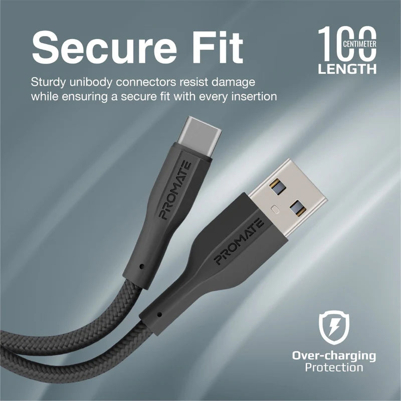 PROMATE XCord-AC Super Flexible Data and Charge Cable - 1 Meter / 480Mbps / USB-A / USB-C / Black