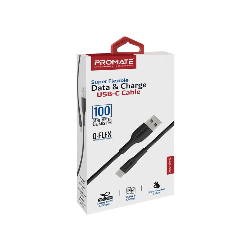 PROMATE XCord-AC Super Flexible Data and Charge Cable - 1 Meter / 480Mbps / USB-A / USB-C / Black