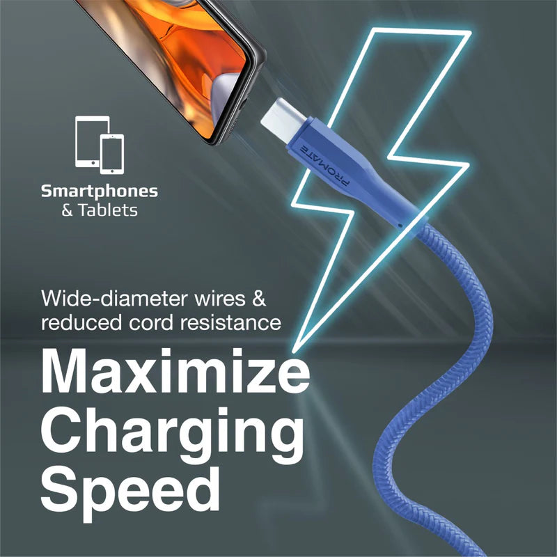 PROMATE XCord-AC Super Flexible Data and Charge Cable - 1 Meter / 480Mbps / USB-A / USB-C / Navy