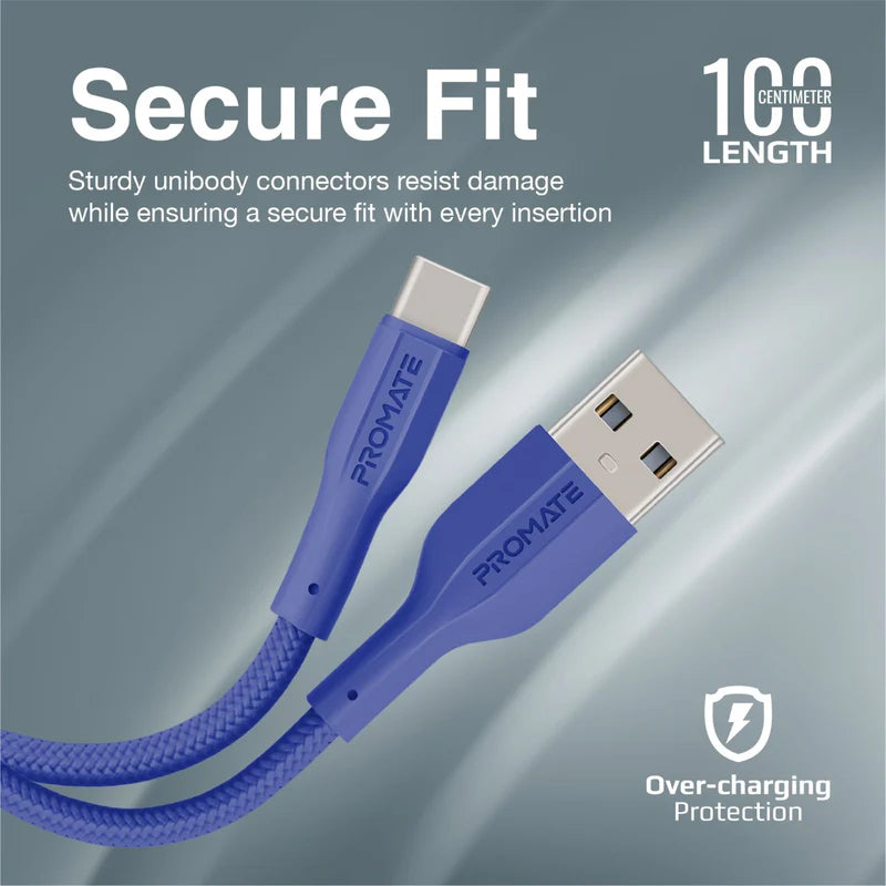 PROMATE XCord-AC Super Flexible Data and Charge Cable - 1 Meter / 480Mbps / USB-A / USB-C / Navy