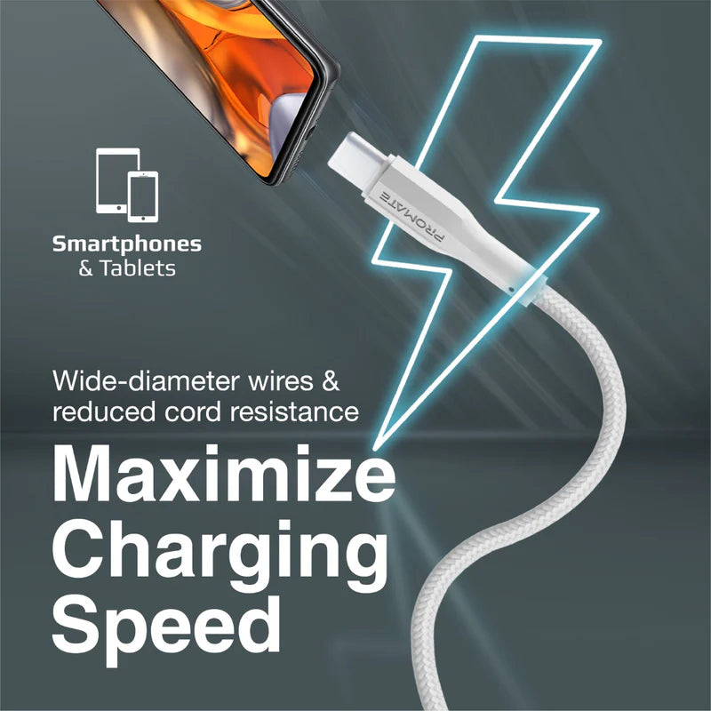 PROMATE XCord-AC Super Flexible Data and Charge Cable - 1 Meter / 480Mbps / USB-A / USB-C / White