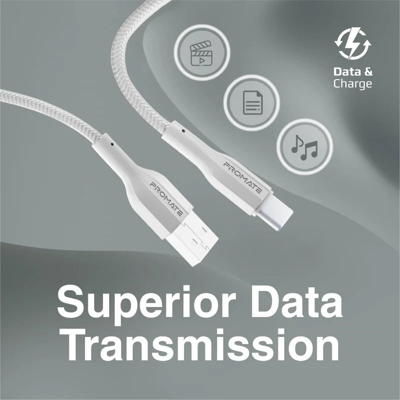 PROMATE XCord-AC Super Flexible Data and Charge Cable - 1 Meter / 480Mbps / USB-A / USB-C / White