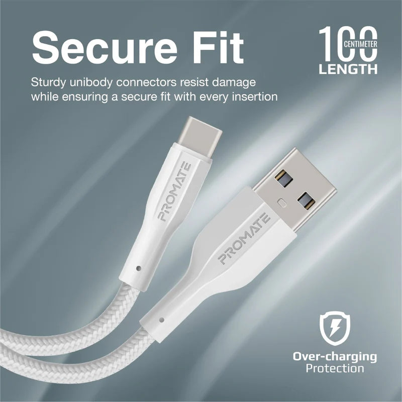PROMATE XCord-AC Super Flexible Data and Charge Cable - 1 Meter / 480Mbps / USB-A / USB-C / White