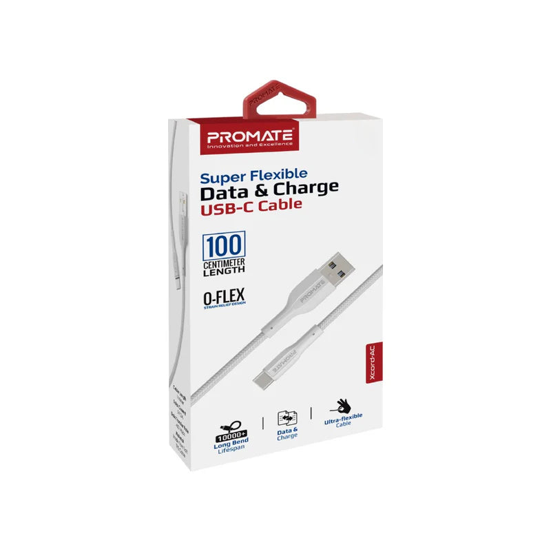 PROMATE XCord-AC Super Flexible Data and Charge Cable - 1 Meter / 480Mbps / USB-A / USB-C / White