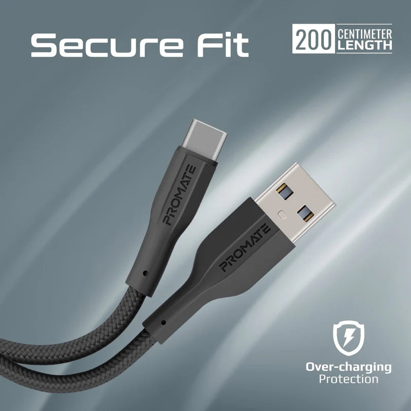 كابل بيانات وشحن بروميت إكس كورد-AC200 فائق المرونة - 2 متر / 480 ميجابت/ثانية / USB-A / USB-C / أسود