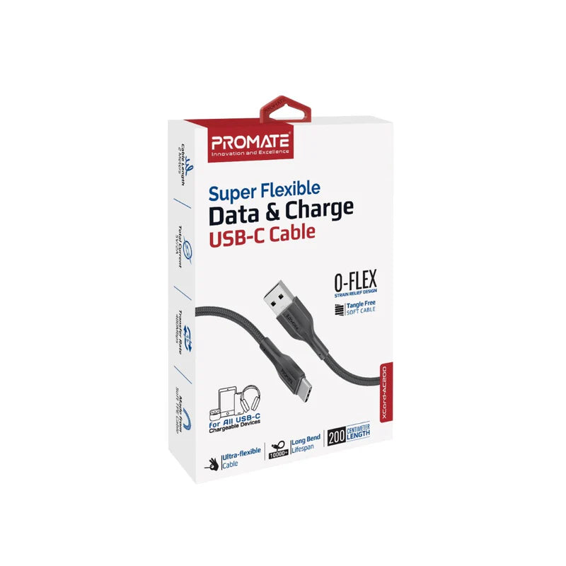 كابل بيانات وشحن بروميت إكس كورد-AC200 فائق المرونة - 2 متر / 480 ميجابت/ثانية / USB-A / USB-C / أسود