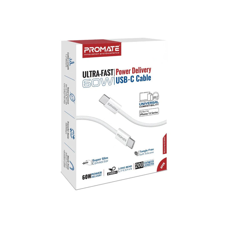 PROMATE EcoLine-Ci120 Super-Fast Charge Cable - 1.2 Meter / 480Mbps / Lightning / USB-C / White