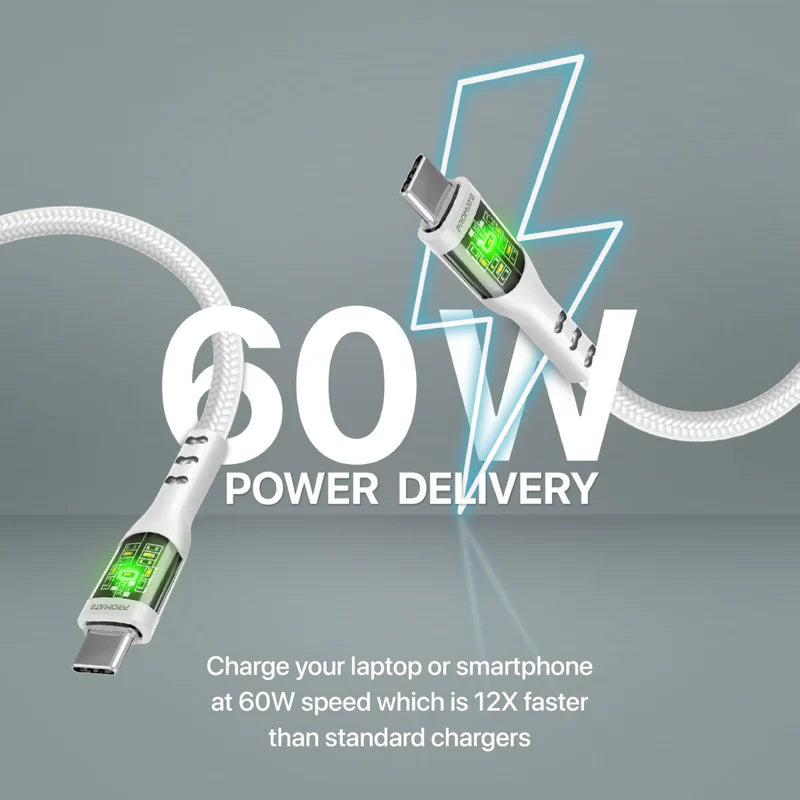 PROMATE TransLine-CC Power Delivery Ultra-Fast Charge Cable - 1.2 Meter / 480Mbps / USB-C / White