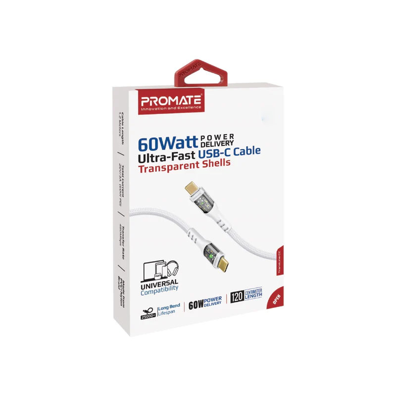 PROMATE TransLine-CC Power Delivery Ultra-Fast Charge Cable - 1.2 Meter / 480Mbps / USB-C / White