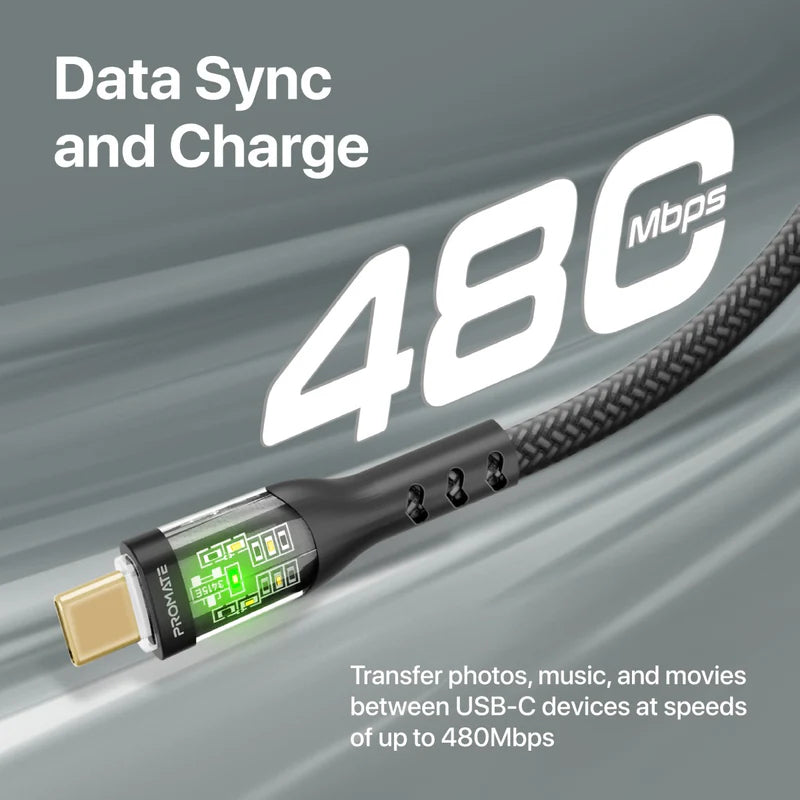 PROMATE TransLine-CC Power Delivery Ultra-Fast Charge Cable - 1.2 Meter / 480Mbps / USB-C / Black