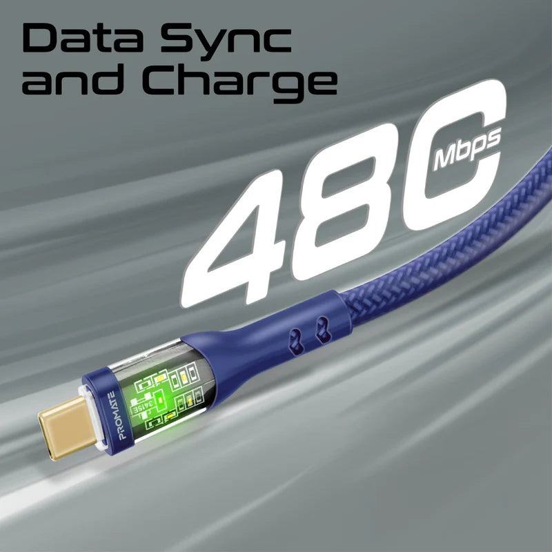 PROMATE TransLine-CC200 Power Delivery Ultra-Fast Charge Cable - 2 Meter / 480Mbps / USB-C / Navy