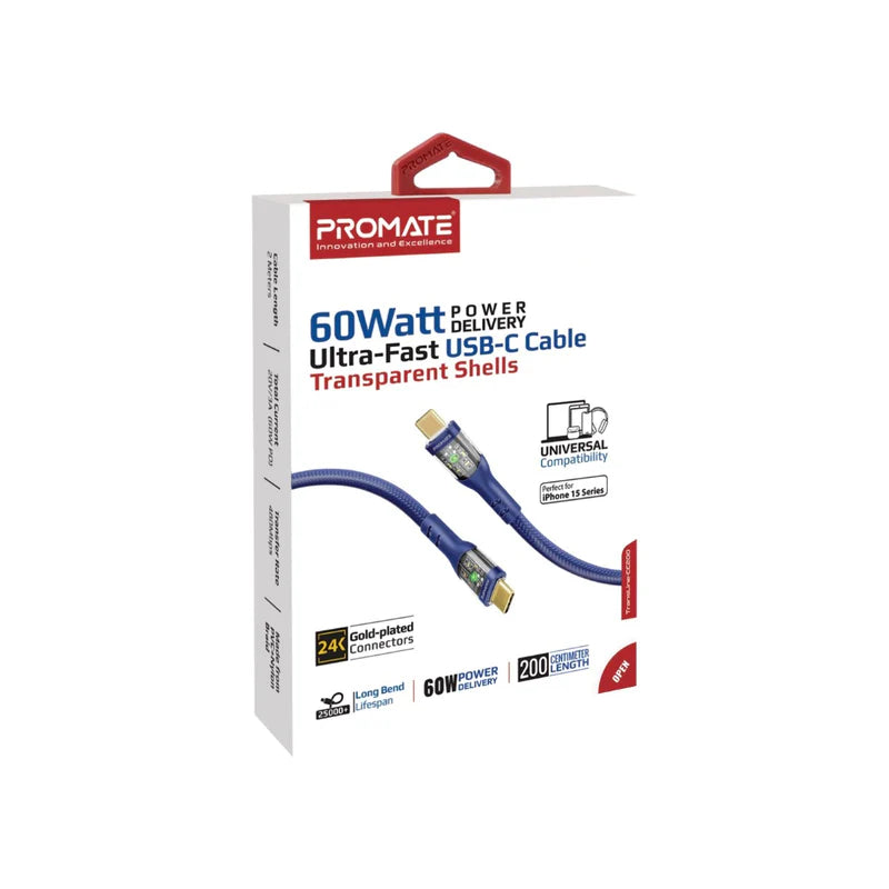 PROMATE TransLine-CC200 Power Delivery Ultra-Fast Charge Cable - 2 Meter / 480Mbps / USB-C / Navy