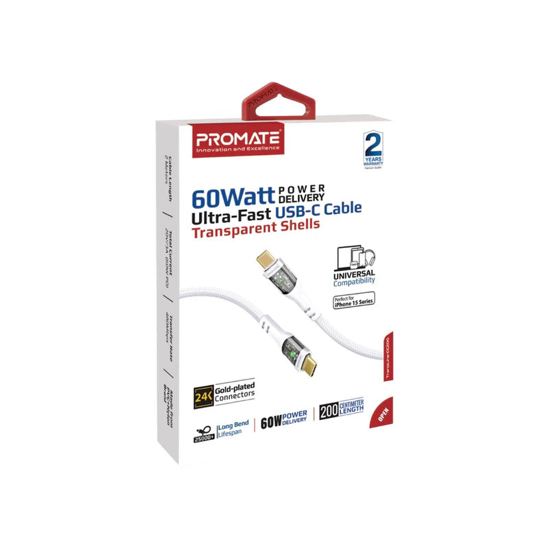 PROMATE TransLine-CC200 Power Delivery Ultra-Fast Charge Cable - 2 Meter / 480Mbps / USB-C / White