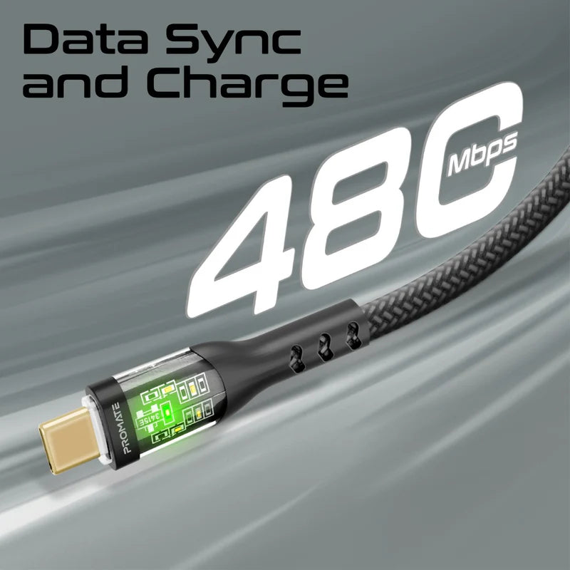 PROMATE TransLine-CC200 Power Delivery Ultra-Fast Charge Cable - 2 Meter / 480Mbps / USB-C / Black