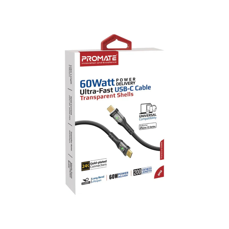 PROMATE TransLine-CC200 Power Delivery Ultra-Fast Charge Cable - 2 Meter / 480Mbps / USB-C / Black