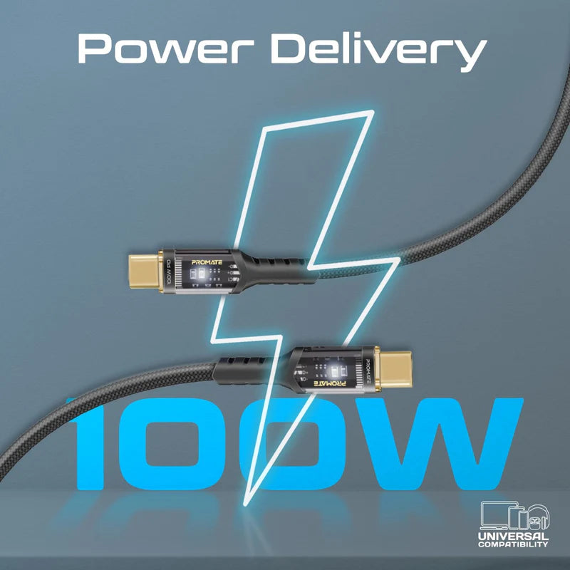 PROMATE LucidLine-CC120 High Tensile Power Delivery Charge Cable - 1.2 Meter / 480Mbps / USB-C / Black