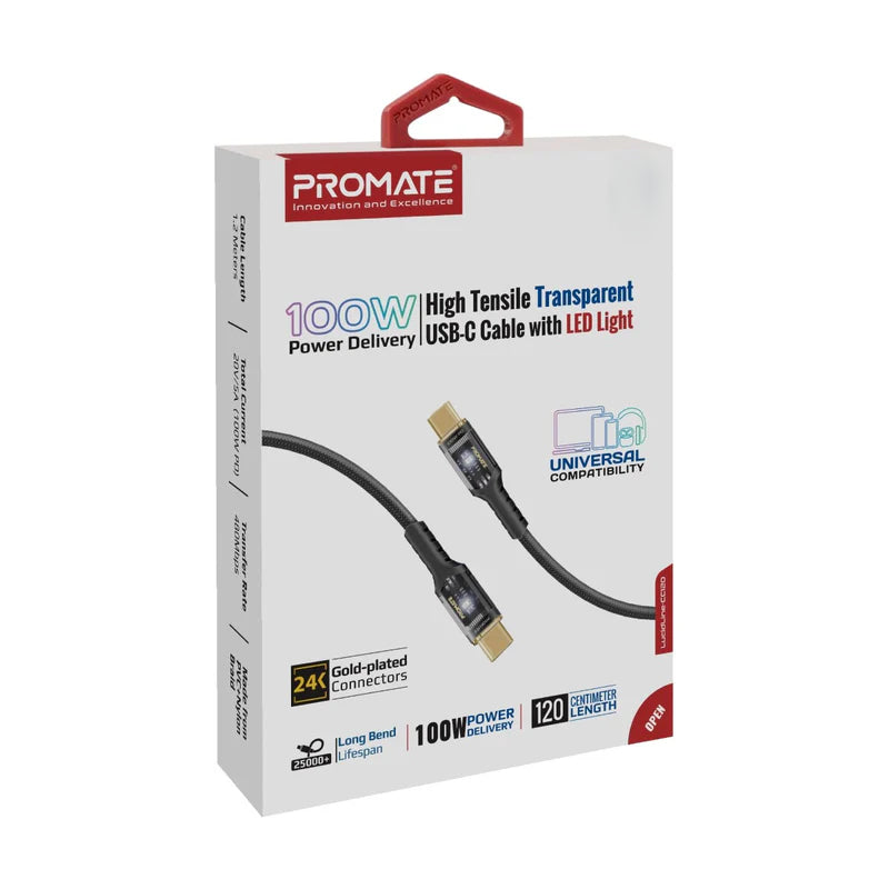 PROMATE LucidLine-CC120 High Tensile Power Delivery Charge Cable - 1.2 Meter / 480Mbps / USB-C / Black
