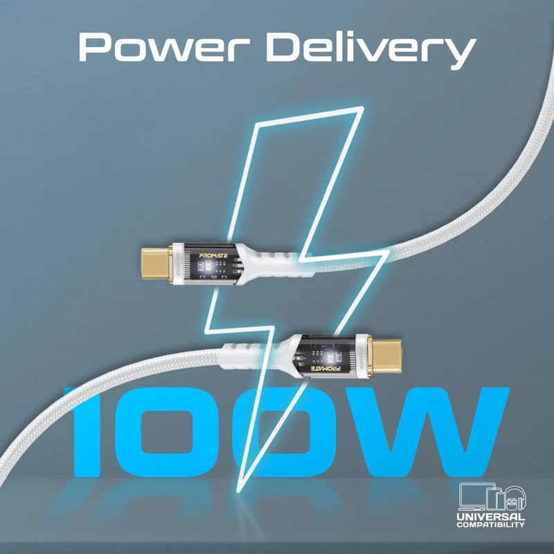 PROMATE LucidLine-CC120 High Tensile Power Delivery Charge Cable - 1.2 Meter / 480Mbps / USB-C / White