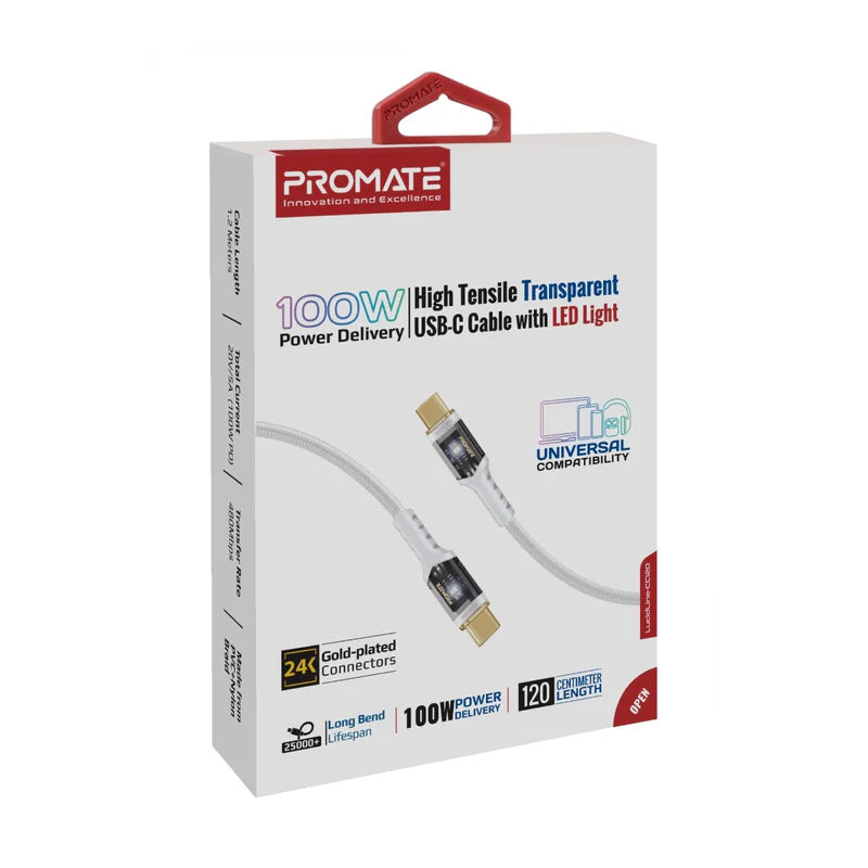 PROMATE LucidLine-CC120 High Tensile Power Delivery Charge Cable - 1.2 Meter / 480Mbps / USB-C / White