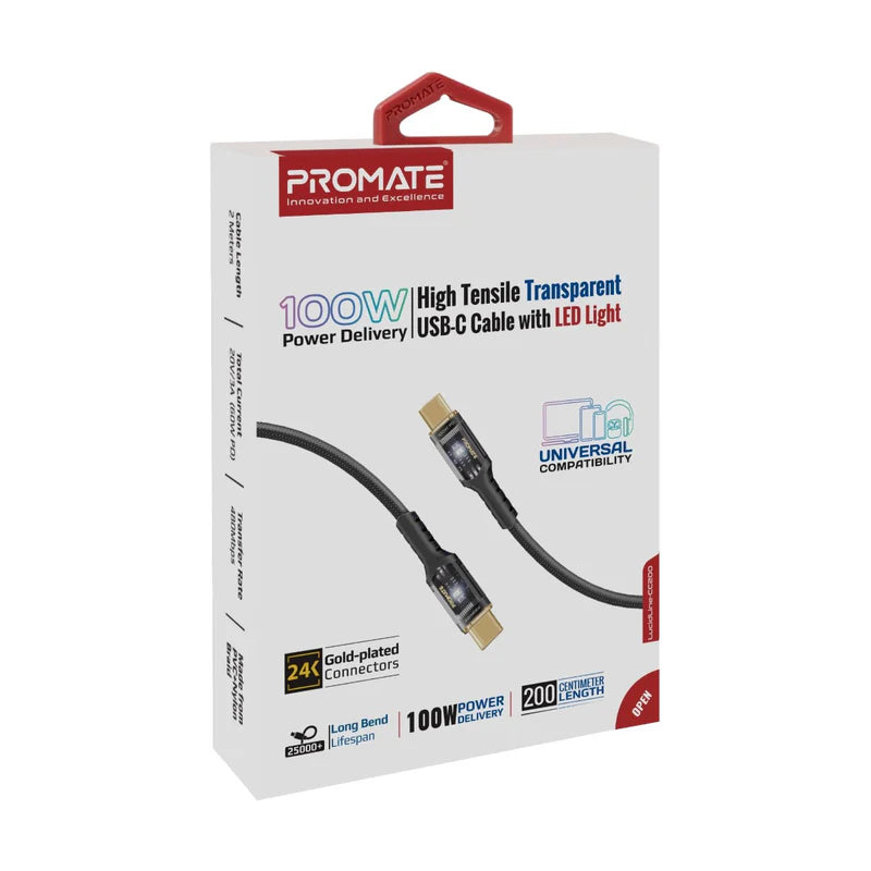 PROMATE LucidLine-CC200 High Tensile Power Delivery Charge Cable - 2 Meter / 480Mbps / USB-C / Black