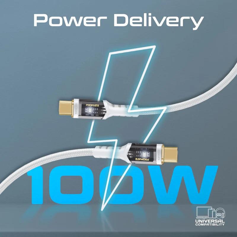 PROMATE LucidLine-CC200 High Tensile Power Delivery Charge Cable - 2 Meter / 480Mbps / USB-C / White