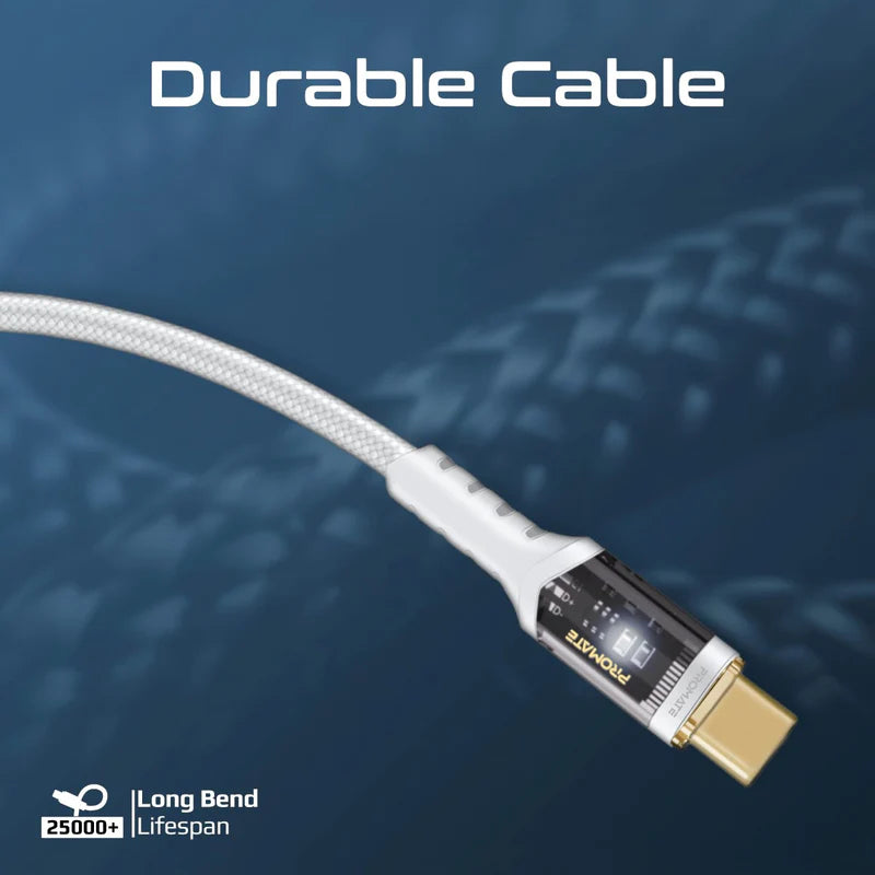 PROMATE LucidLine-CC200 High Tensile Power Delivery Charge Cable - 2 Meter / 480Mbps / USB-C / White