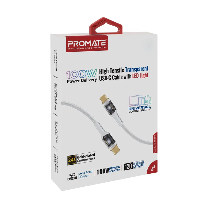 PROMATE LucidLine-CC200 High Tensile Power Delivery Charge Cable - 2 Meter / 480Mbps / USB-C / White
