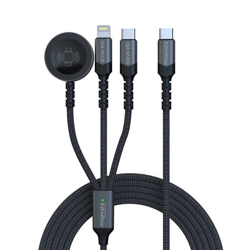PROMATE iCharge-Trio 5-in-1 Multi-Connector Cable - 1.5 Meter / 480Mbps / USB-C / Lightning / Black
