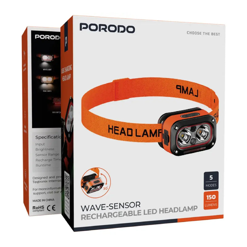 Porodo Wave-Sensor Rechargeable LED Headlamp - 800mAh / Orange