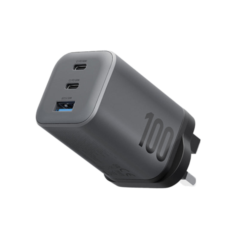 Energea Ampcharge Mini GaN Wall Charger - 100W / USB-C / USB-A / Gunmetal