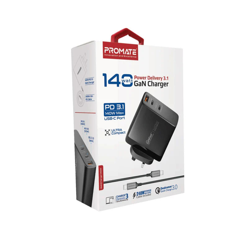 PROMATE GaNCharge-140W GaN Charger - 140W / USB-C / USB-A / Black