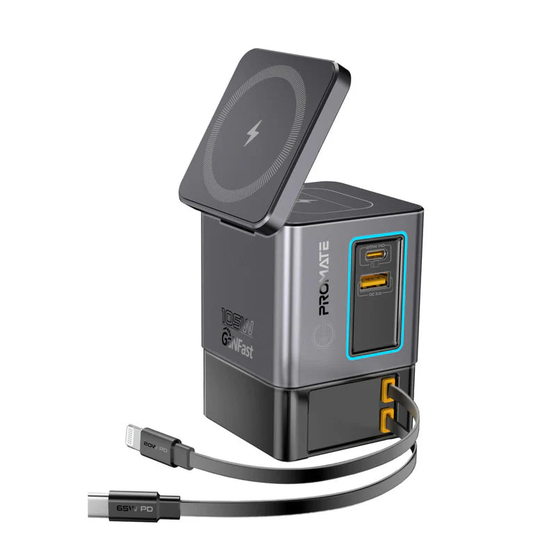 PROMATE PowerSync-105 GaNFast Multi-Port Wireless Charging Station with Dual Retractable Cables - 105W / Black