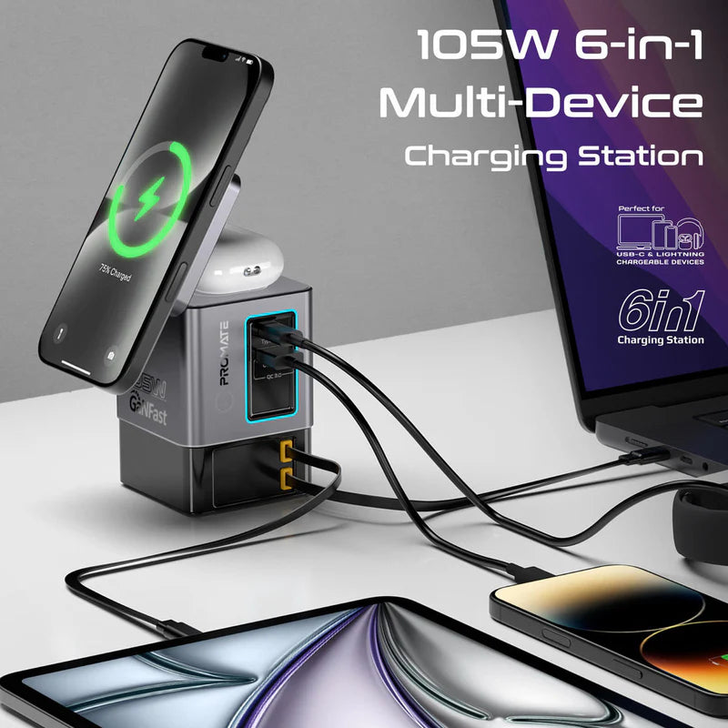 PROMATE PowerSync-105 GaNFast Multi-Port Wireless Charging Station with Dual Retractable Cables - 105W / Black