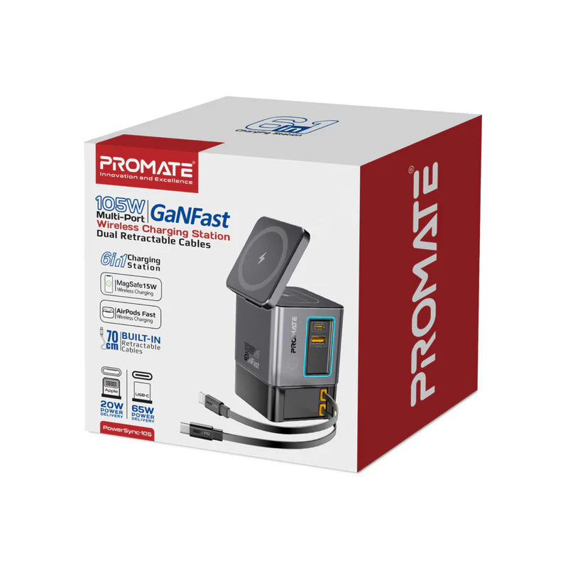 PROMATE PowerSync-105 GaNFast Multi-Port Wireless Charging Station with Dual Retractable Cables - 105W / Black