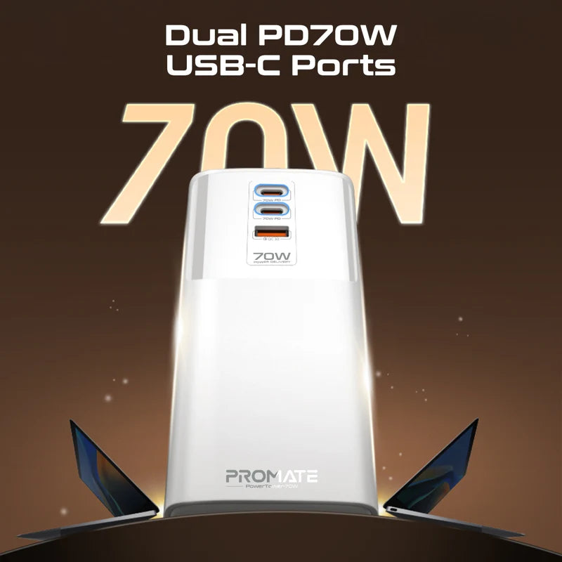 PROMATE PowerTower-70W Multi-Port Charging Station with Quad AC Sockets - 70W / White