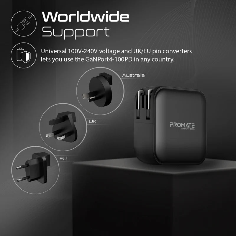 PROMATE GaNPort4-100PD Power Delivery GaNFast Charger - 100W / USB-C / USB-A / Black