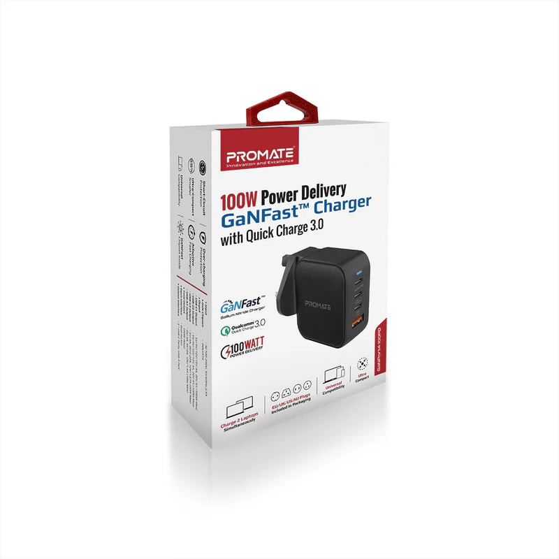 PROMATE GaNPort4-100PD Power Delivery GaNFast Charger - 100W / USB-C / USB-A / Black