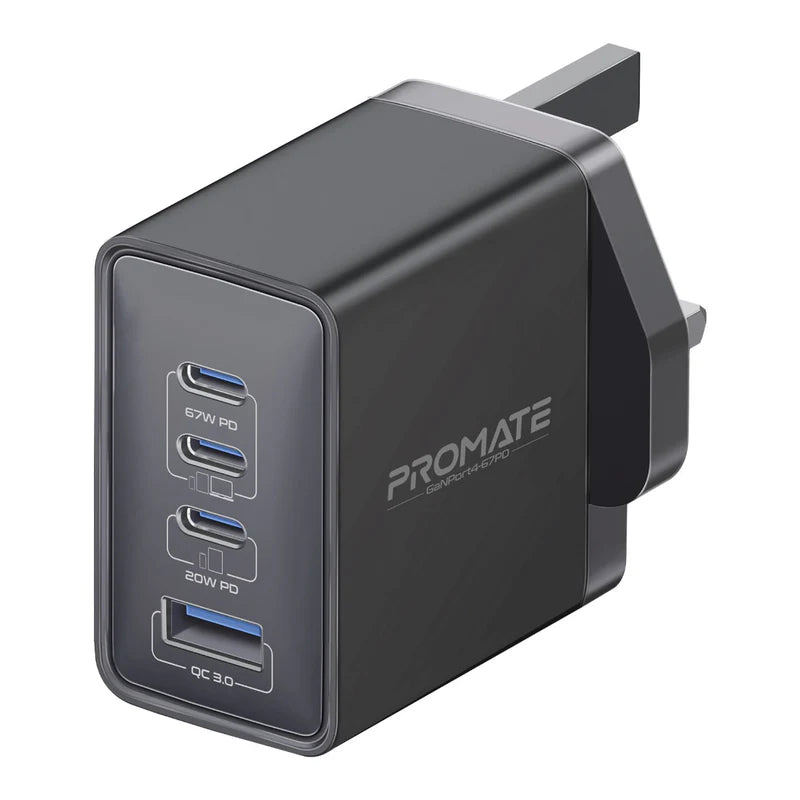 PROMATE GaNPort4-67PD Power Delivery GaNFast Charger - 67W / USB-C / USB-A / Black