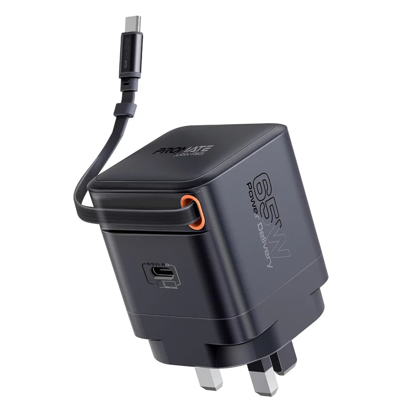 PROMATE Cubix-R65 GanFast Charging Adapter with Retractable USB-C Cable - 65W / USB-C / Black