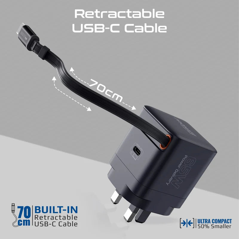 PROMATE Cubix-R65 GanFast Charging Adapter with Retractable USB-C Cable - 65W / USB-C / Black