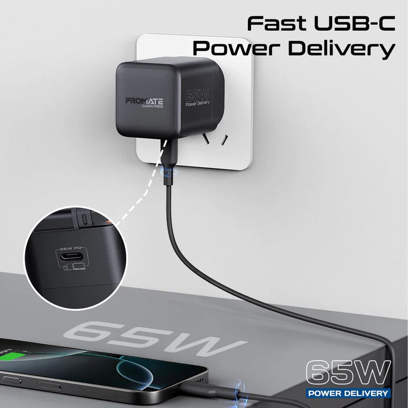 PROMATE Cubix-R65 GanFast Charging Adapter with Retractable USB-C Cable - 65W / USB-C / Black